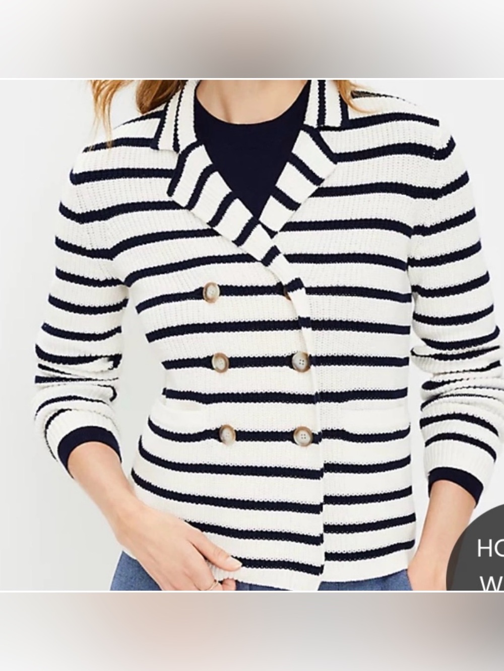 LOFT Striped Double-Breasted Knit Blazer - White & Navy Size Medium - Picture 2 of 10